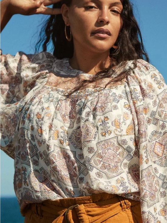 Anthropologie Tops - Anthro Flora 100% Silk Blouse Sheer Boho Paisley Peasant Top Neutral size L